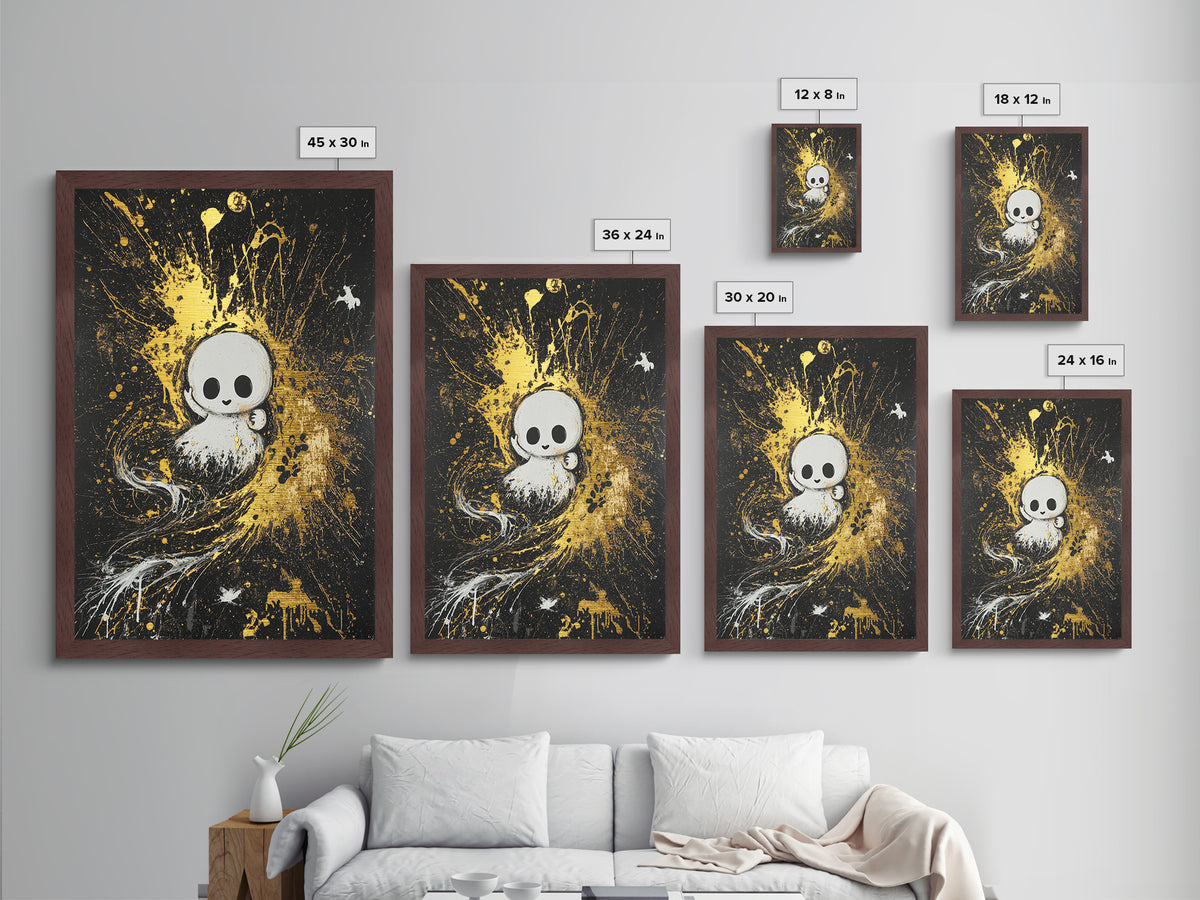 Cute Ghost Metallic Gold Art, Haunted Spooky Season Metal Art Wall Hanging in a Real Wood Frame, Creepy Halloween Room Decor