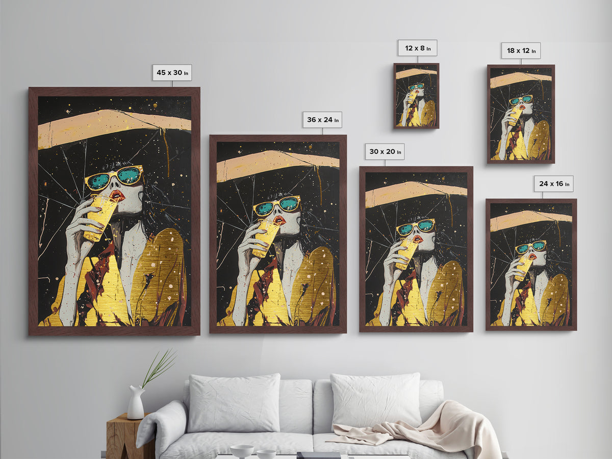 Retro Witchy Woman Drinking Metallic Gold Art, Spooky Season Metal Art with Real Wood Frame, Gothic Halloween Wall Accent