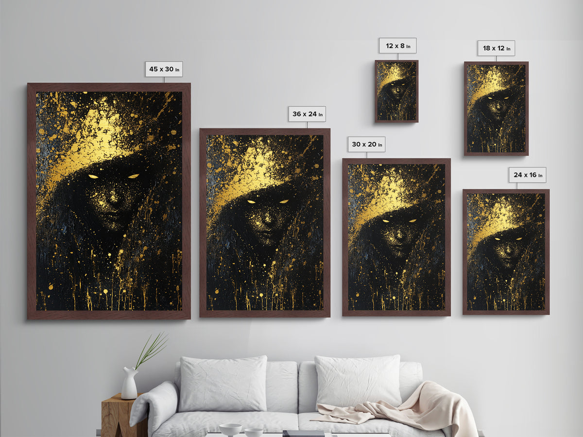 Eerie Shadow Figure Metallic Gold Art, Spooky Horror Season Haunted Eyes Metal Art with Real Wood Frame for Gothic Wall Decor