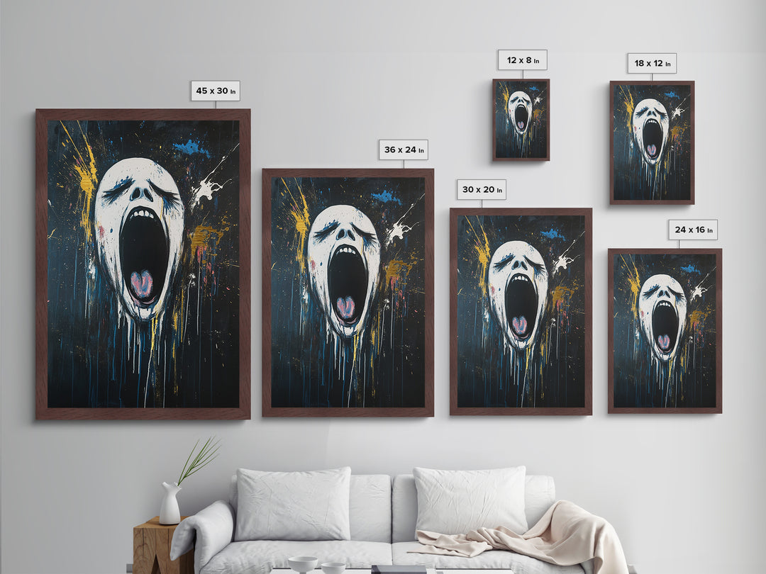 Screaming Horror Face Metallic Gold Art, Creepy Haunted Expressionist Metal Art Framed in Real Wood, Halloween Spooky Accent