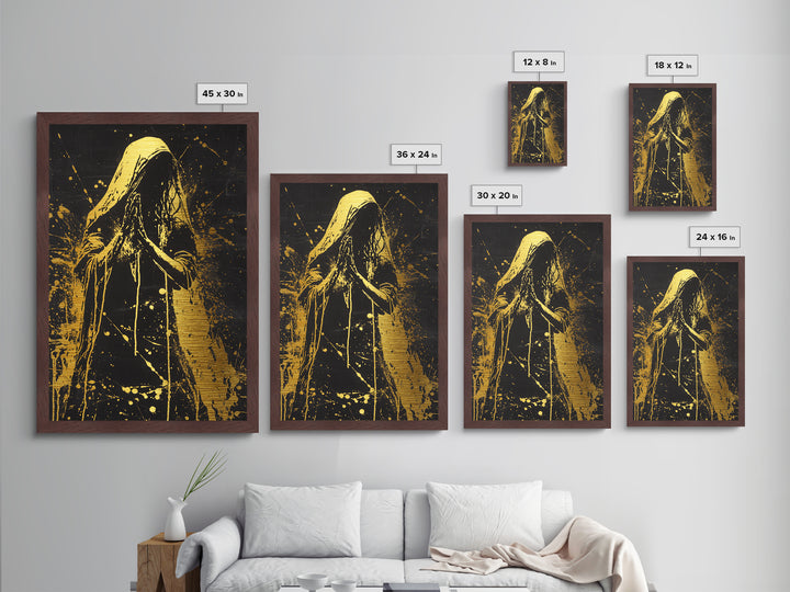 Dark Sacred Prayer Gothic Wall Hanging | Metallic Gold Art, Metal Art | Spooky Halloween Decor Framed in Natural Real Wood