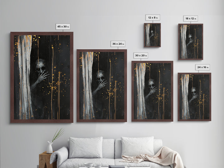 Creepy Skull Behind Curtain | Metallic Gold Art + Metal Art | Haunted Gothic Wall Decor, Real Wood Frame for Halloween Vibes