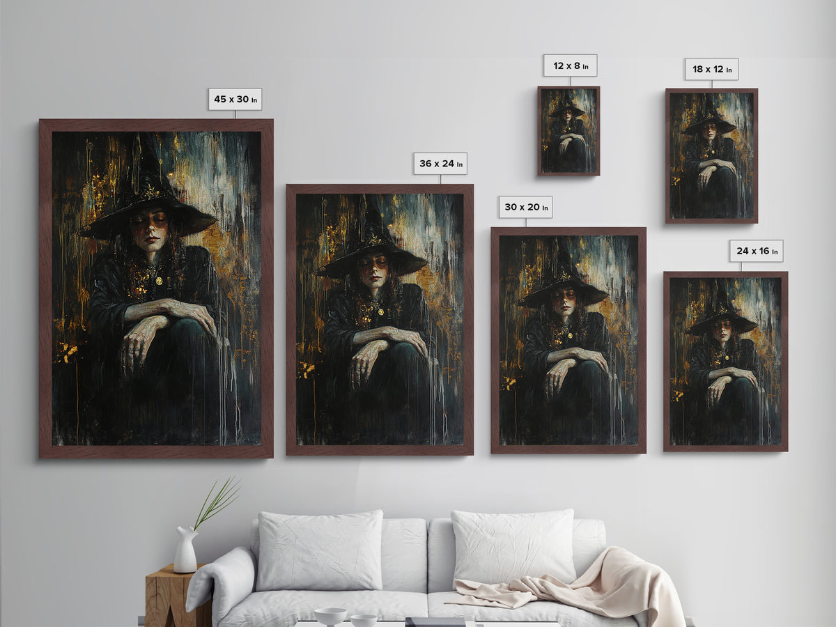 Witch in Shadows Gothic Portrait | Metallic Gold Art | Witchy Halloween Metal Art, Real Wood Frame for Spooky Wall Hanging