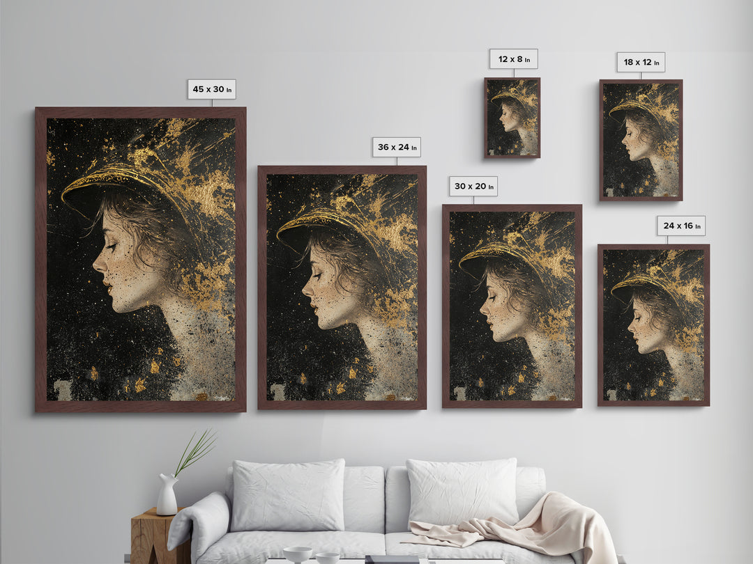 Enchanted Witch Profile Portrait | Metallic Gold Art & Metal Art | Elegant Spooky Season Decor, Framed in Real Natural Wood