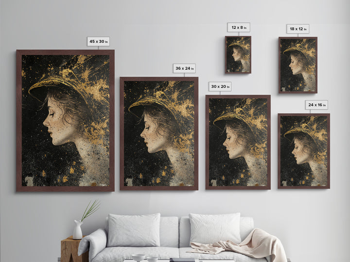 Enchanted Witch Profile Portrait | Metallic Gold Art & Metal Art | Elegant Spooky Season Decor, Framed in Real Natural Wood