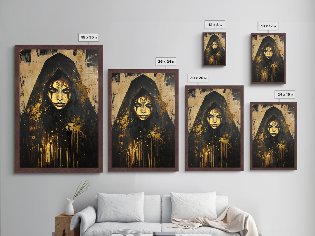 Cursed Priestess Gothic Portrait | Metallic Gold Art | Spooky Season Metal Art Decor, Real Wood Frame for Haunted Wall Art