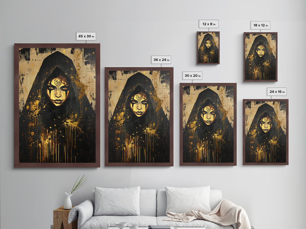 Cursed Priestess Gothic Portrait | Metallic Gold Art | Spooky Season Metal Art Decor, Real Wood Frame for Haunted Wall Art