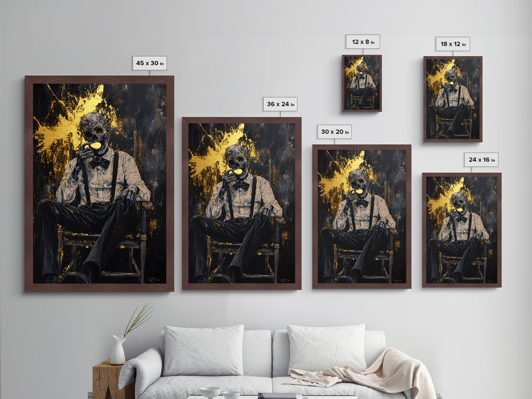 Skeleton Gentleman Gothic Wall Decor | Metallic Gold Art + Metal Art | Creepy Halloween Artwork, Real Wood Frame Display