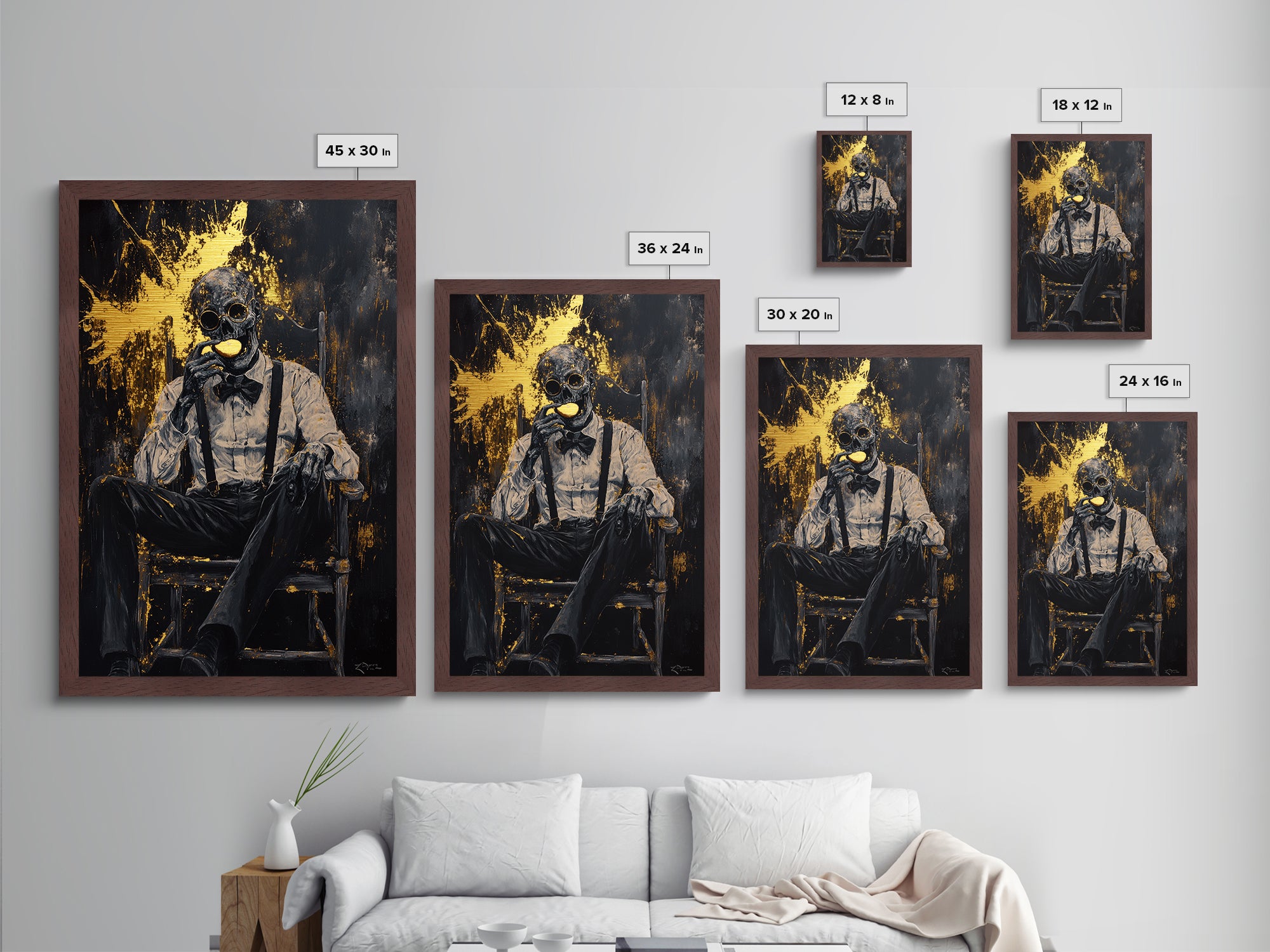 Skeleton Gentleman Gothic Wall Decor | Metallic Gold Art + Metal Art | Creepy Halloween Artwork, Real Wood Frame Display