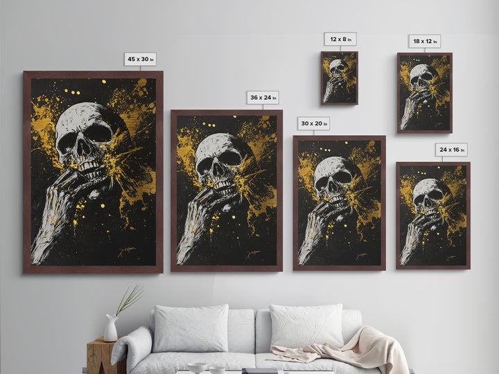 Haunted Skull Metallic Gold Art, Creepy Horror Skeleton Metal Art with Gothic Splatter Style, framed in natural real wood