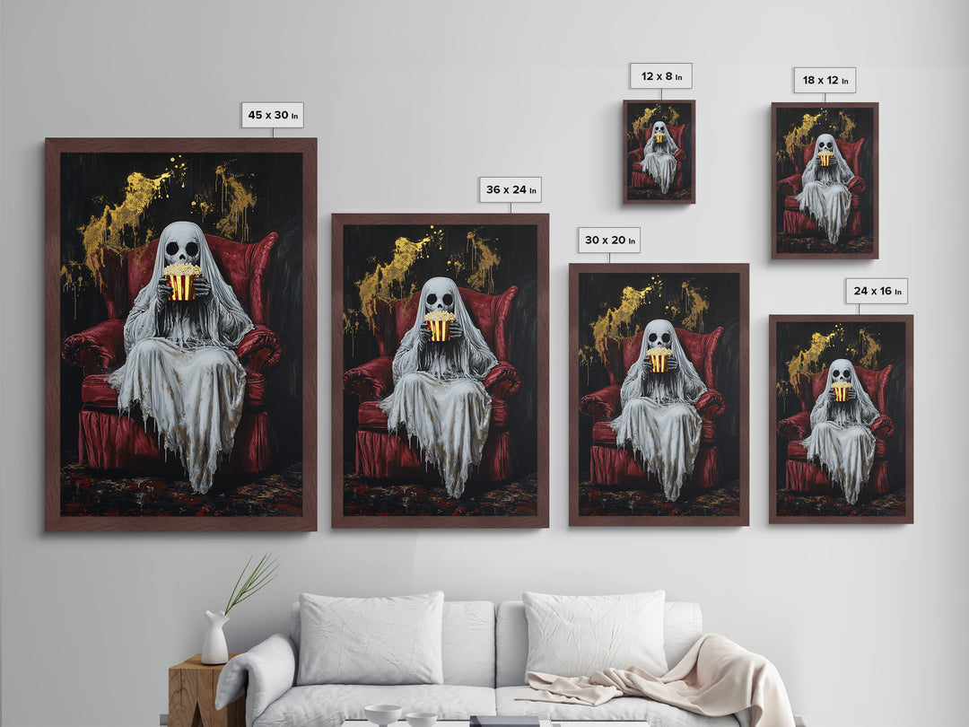 Ghostly Movie Night Metallic Gold Art, Creepy Skeleton Watching Horror Metal Art, Halloween Décor with real wood frame display