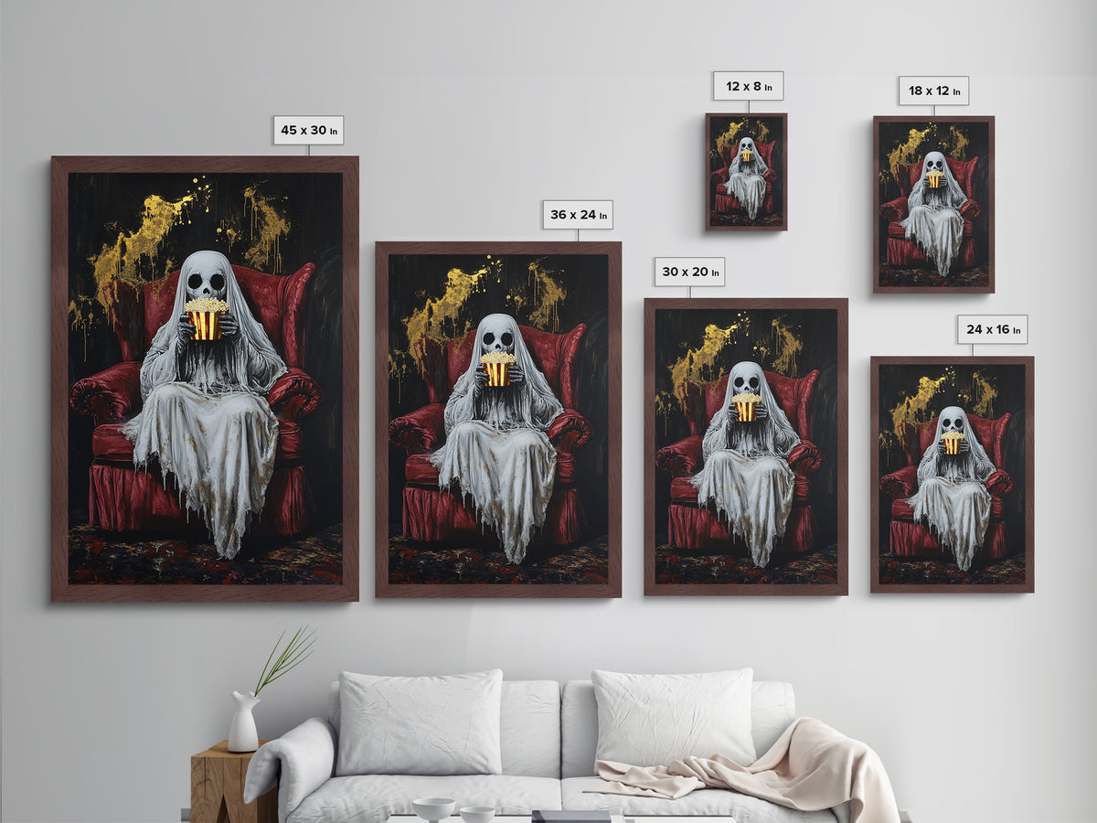 Ghostly Movie Night Metallic Gold Art, Creepy Skeleton Watching Horror Metal Art, Halloween Décor with real wood frame display