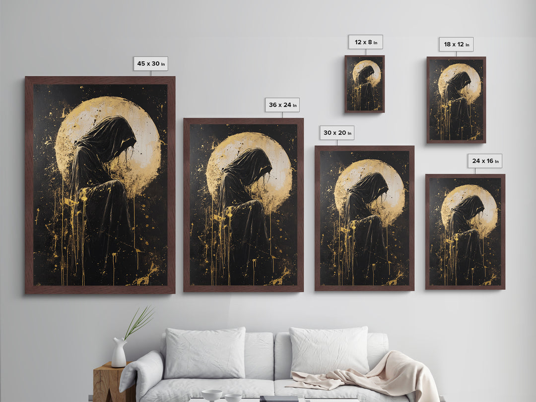 Grim Reaper Metallic Gold Art, Haunted Dark Hooded Figure Metal Art for Spooky Season, framed with natural real wood design