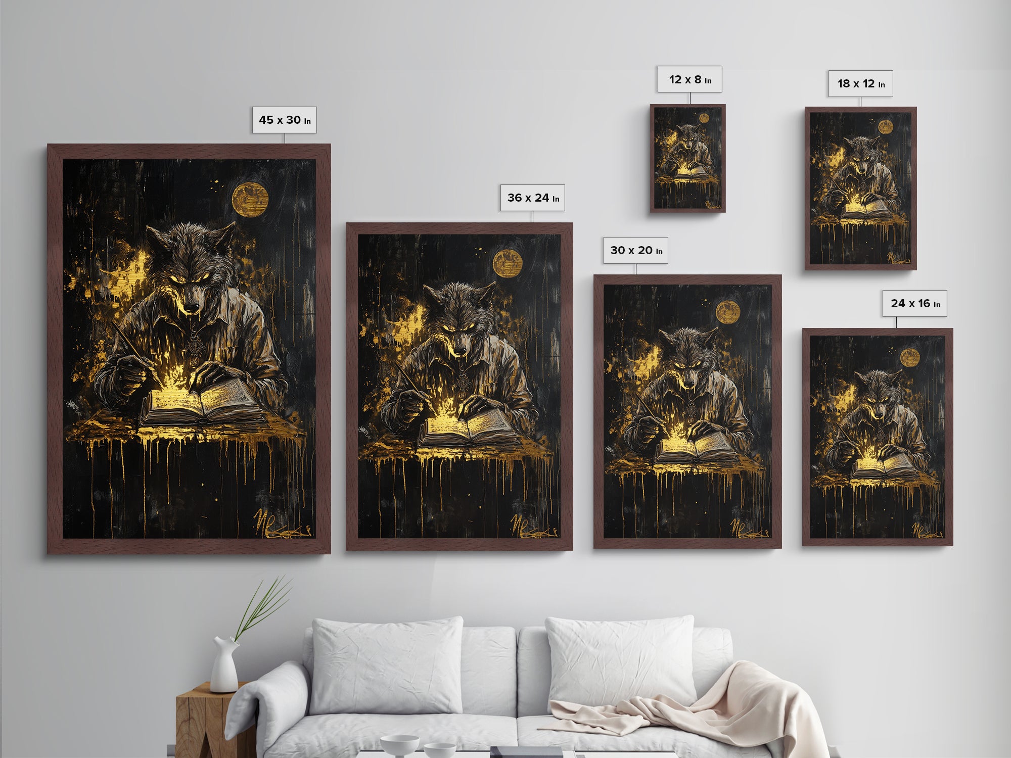 Werewolf Halloween Metallic Gold Art, Spooky Wolf Writing Spellbook Metal Art, glowing horror décor with real wood frame accent
