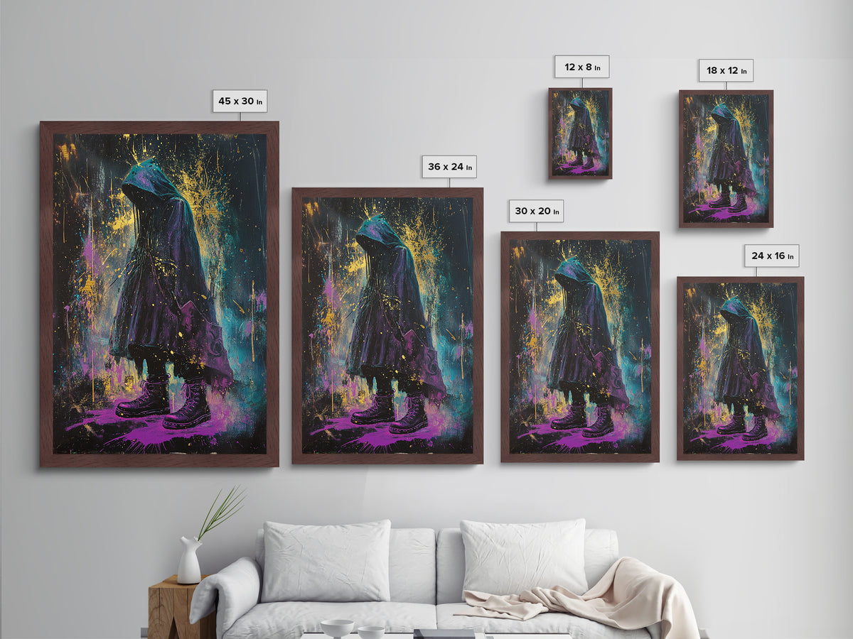 Witchy Hooded Figure Metallic Gold Art, Gothic Halloween Metal Art in Purple and Gold Splatter, real wood frame handmade design