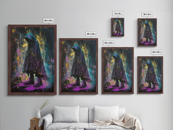 Witchy Hooded Figure Metallic Gold Art, Gothic Halloween Metal Art in Purple and Gold Splatter, real wood frame handmade design