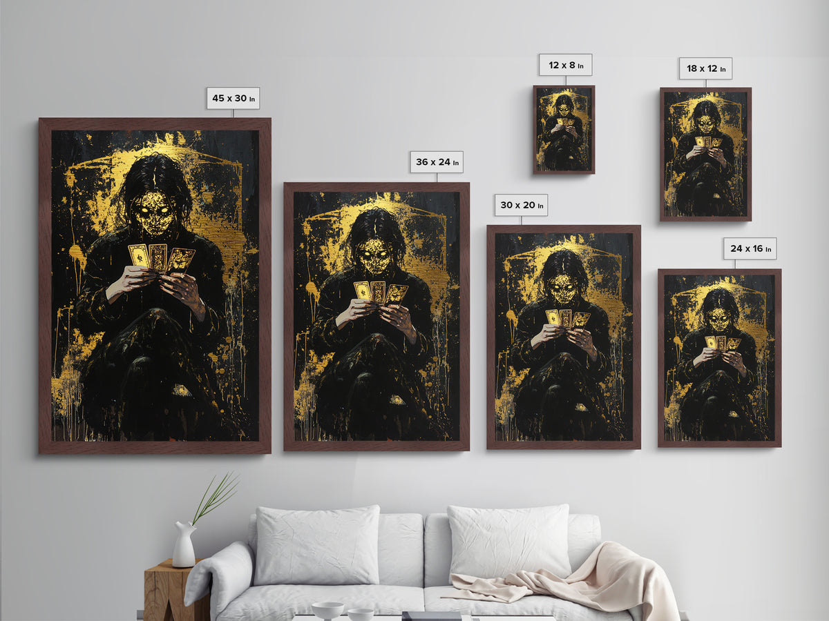 Tarot Witch Metallic Gold Art, Creepy Spooky Season Metal Art with Haunted Masked Fortune Teller, natural real wood frame finish