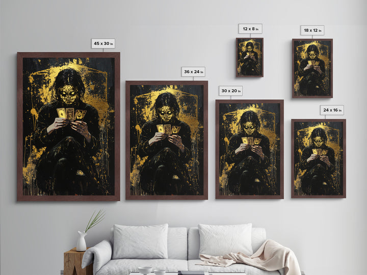 Tarot Witch Metallic Gold Art, Creepy Spooky Season Metal Art with Haunted Masked Fortune Teller, natural real wood frame finish