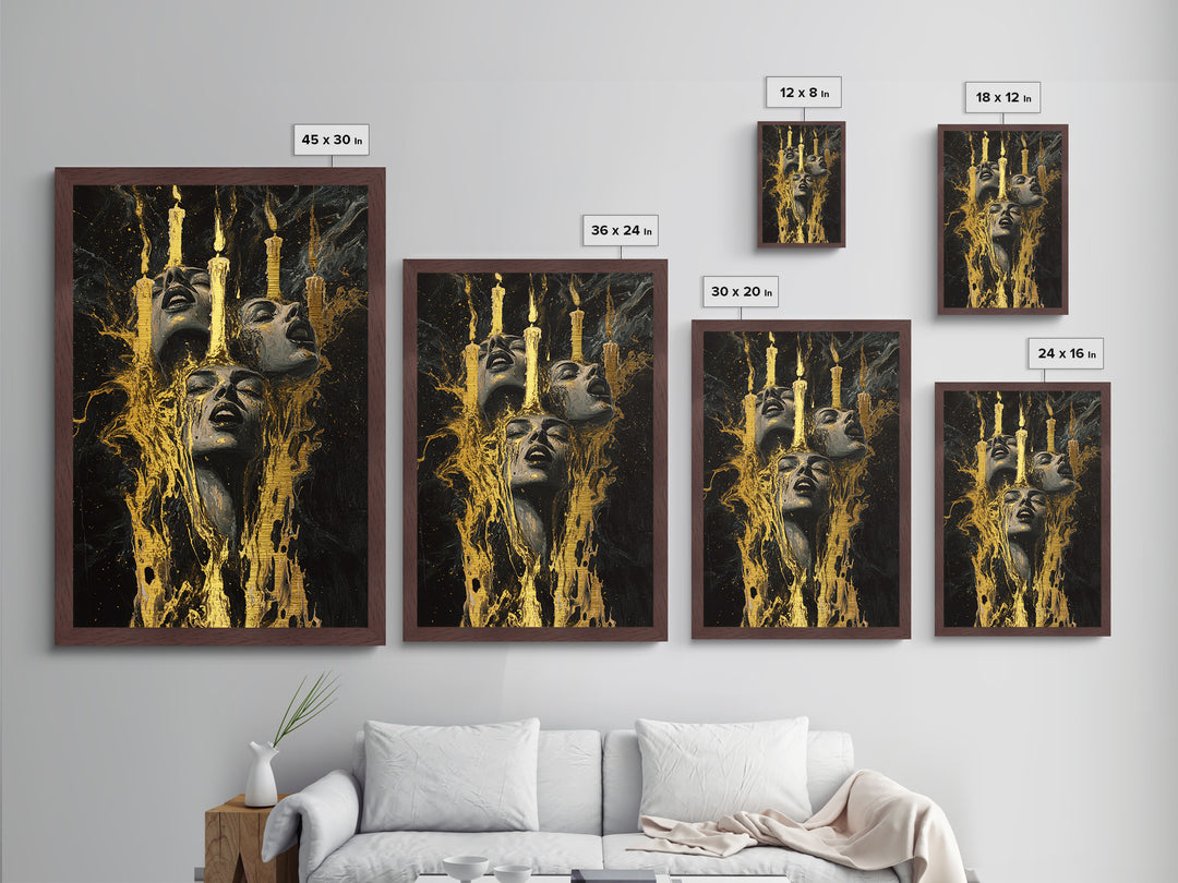Haunted Candle Gothic Faces Metallic Gold Art, Spooky Season Horror Metal Art Wall Decor, framed in natural real wood