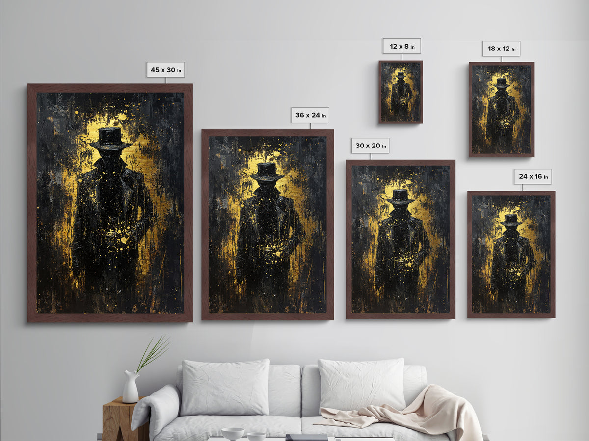 Dark Cowboy Horror Silhouette Metallic Gold Art, Spooky Season Creepy Western Metal Art, with real wood frame display