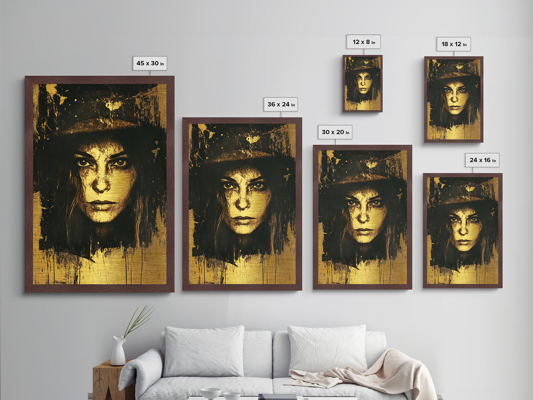 Creepy Sepia Horror Portrait Metallic Gold Art, Spooky Gothic Woman Face Metal Art Wall Decor, in solid real wood frame