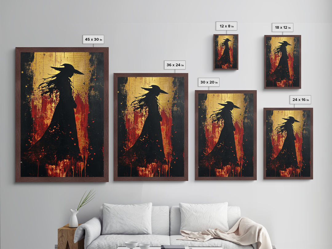 Witch Silhouette Blood Red Metallic Gold Art, Spooky Season Gothic Metal Art Painting, Halloween wall decor with wood frame