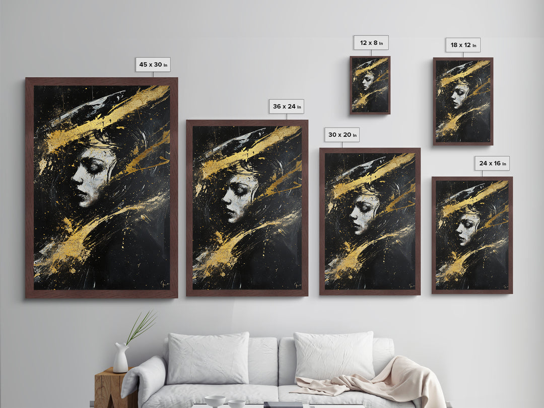 Abstract Haunted Portrait Metallic Gold Art, Gothic Spooky Season Metal Art Face Painting, framed in rustic real wood