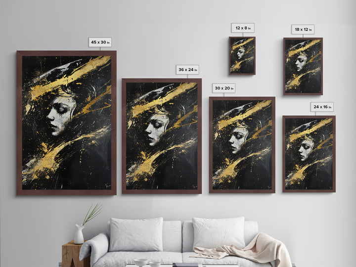 Abstract Haunted Portrait Metallic Gold Art, Gothic Spooky Season Metal Art Face Painting, framed in rustic real wood