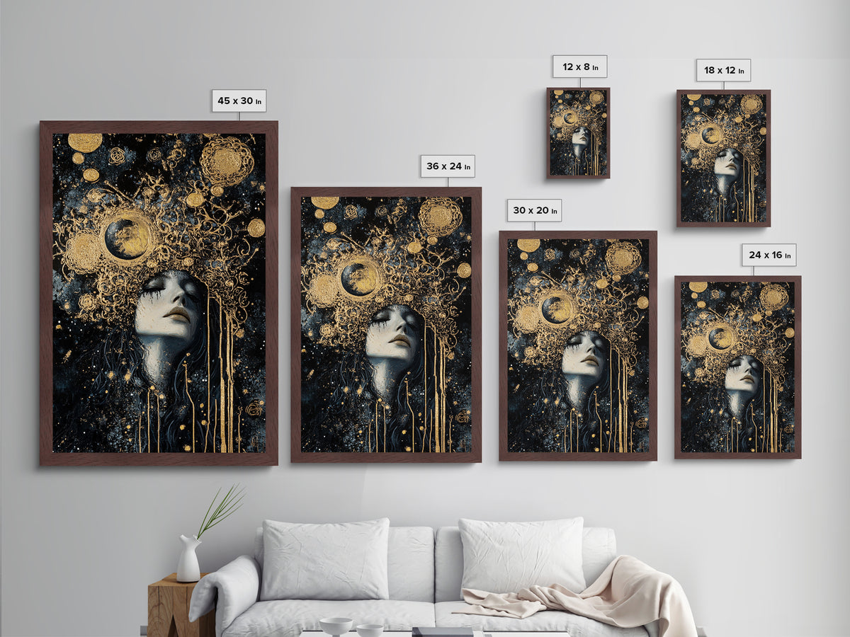 Celestial Gothic Queen Metallic Gold Art, Spooky Season Witchy Cosmic Metal Art, Halloween horror decor in real wood frame