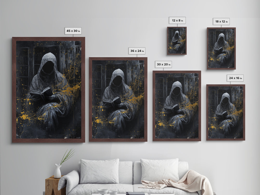 Hooded Grim Reader Metallic Gold Art, Haunted Spooky Season Horror Metal Art Wall Decor, with natural wood frame finish