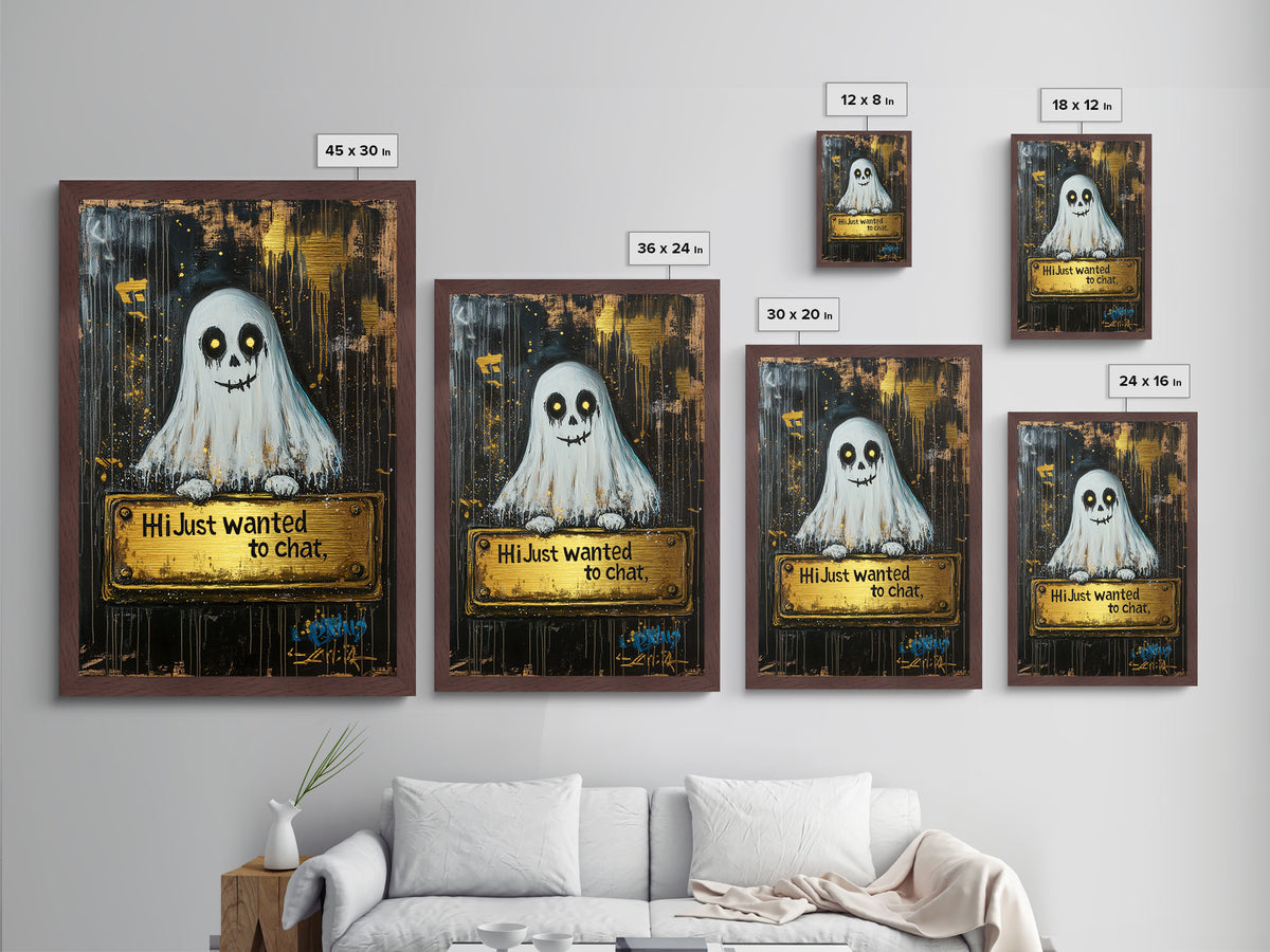 Spooky Ghost Greeting Wall Decor, Metallic Gold Art Metal Art with Natural Wood Frame, Halloween Haunted Gothic Artwork