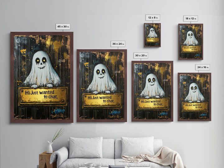 Spooky Ghost Greeting Wall Decor, Metallic Gold Art Metal Art with Natural Wood Frame, Halloween Haunted Gothic Artwork