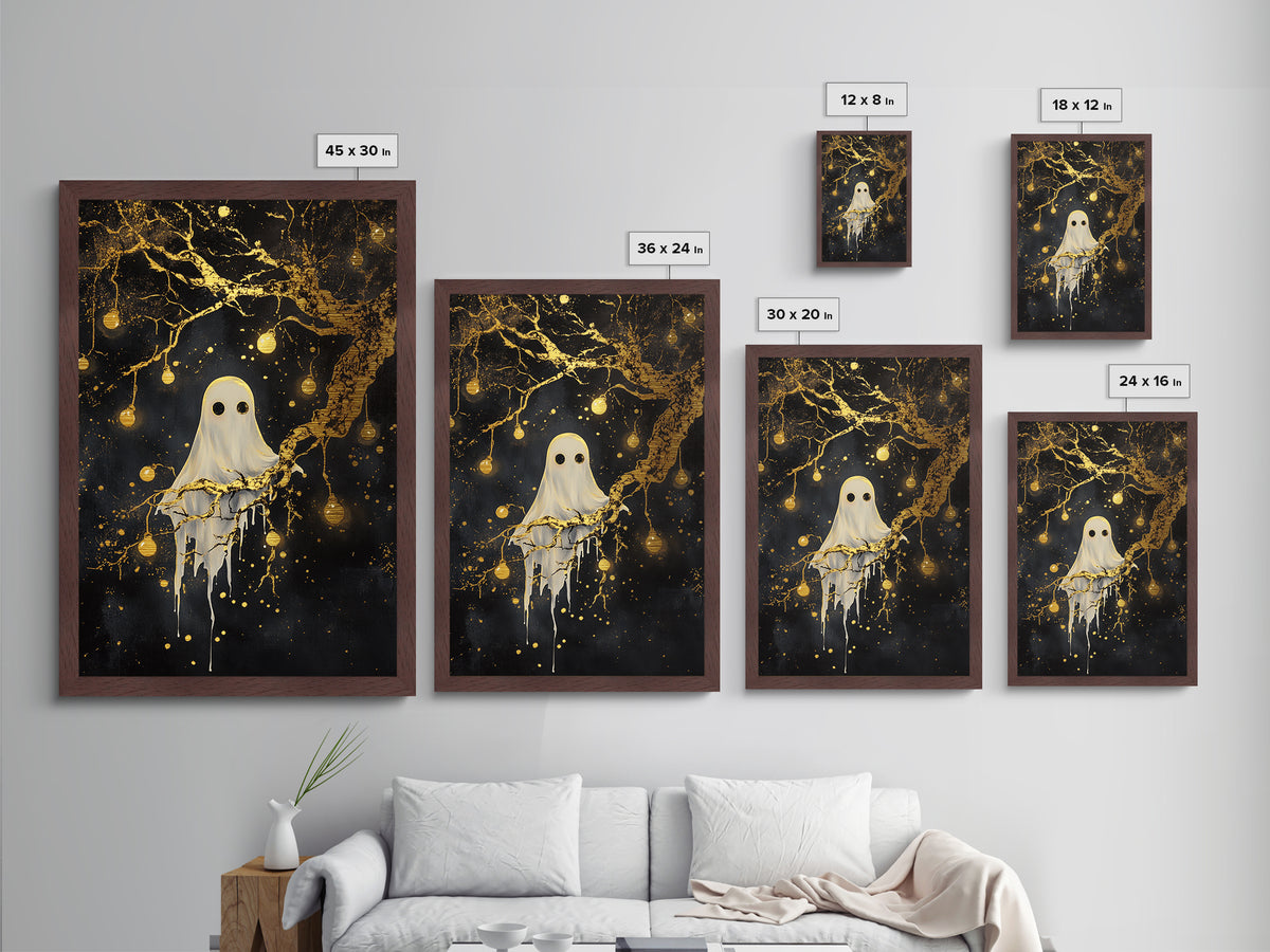 Haunted Tree Ghost Halloween Decor, Metal Art Metallic Gold Art in Real Wood Frame, Spooky Gothic Night Wall Hanging