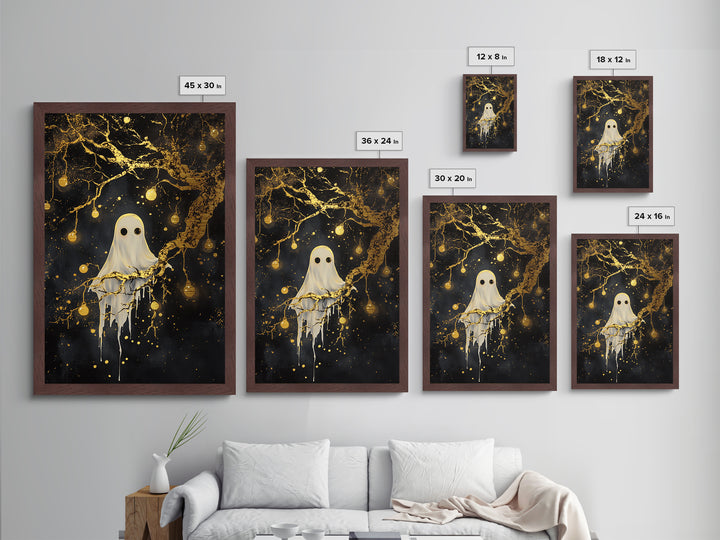 Haunted Tree Ghost Halloween Decor, Metal Art Metallic Gold Art in Real Wood Frame, Spooky Gothic Night Wall Hanging