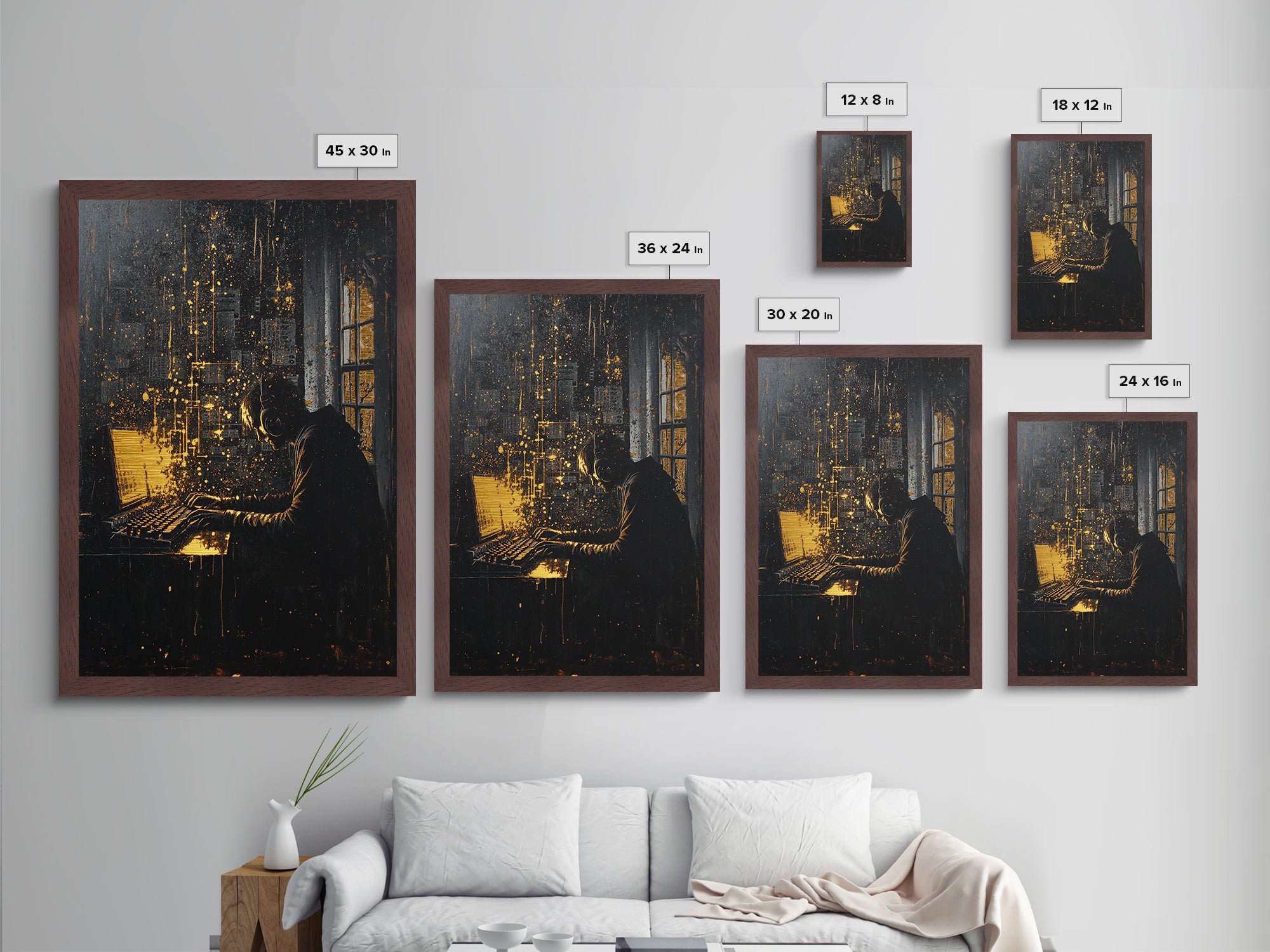 Dark Hacker at Computer Halloween Wall Art, Metallic Gold Art Metal Art Framed in Solid Wood, Spooky Tech Gothic Decor