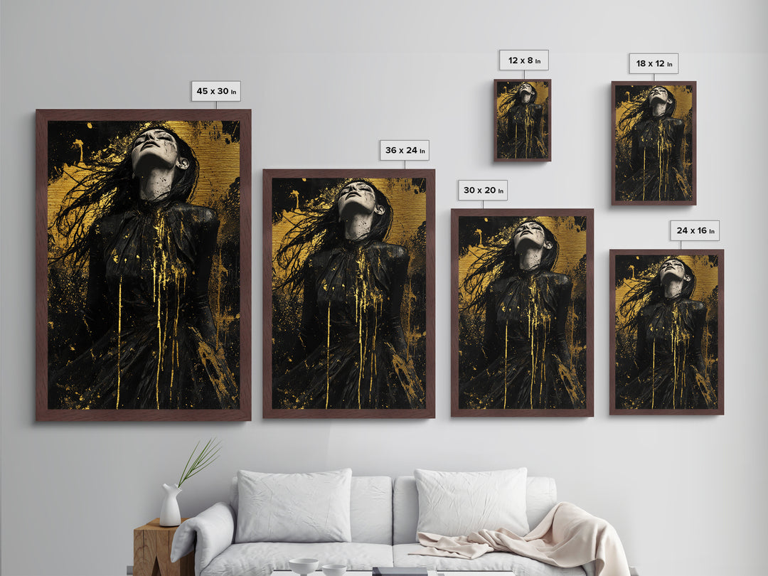 Dark Enchanted Woman Metallic Gold Art Metal Art Spooky Gothic Halloween Horror Wall Hanging framed with real wood