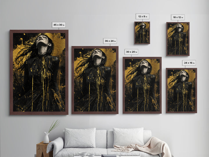 Dark Enchanted Woman Metallic Gold Art Metal Art Spooky Gothic Halloween Horror Wall Hanging framed with real wood