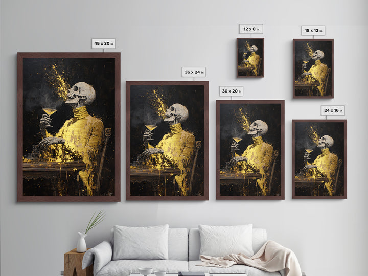 Skeleton Toasting Halloween Party Print, Metal Art Metallic Gold Art with Real Wood Frame, Gothic Haunted Bar Wall Decor