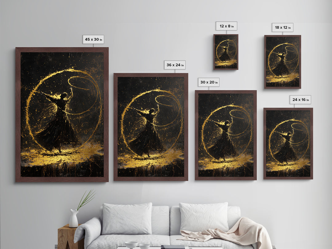 Witchy Dance Circle Halloween Painting, Metallic Gold Art Metal Art Framed in Natural Wood, Spooky Magical Gothic Artwork