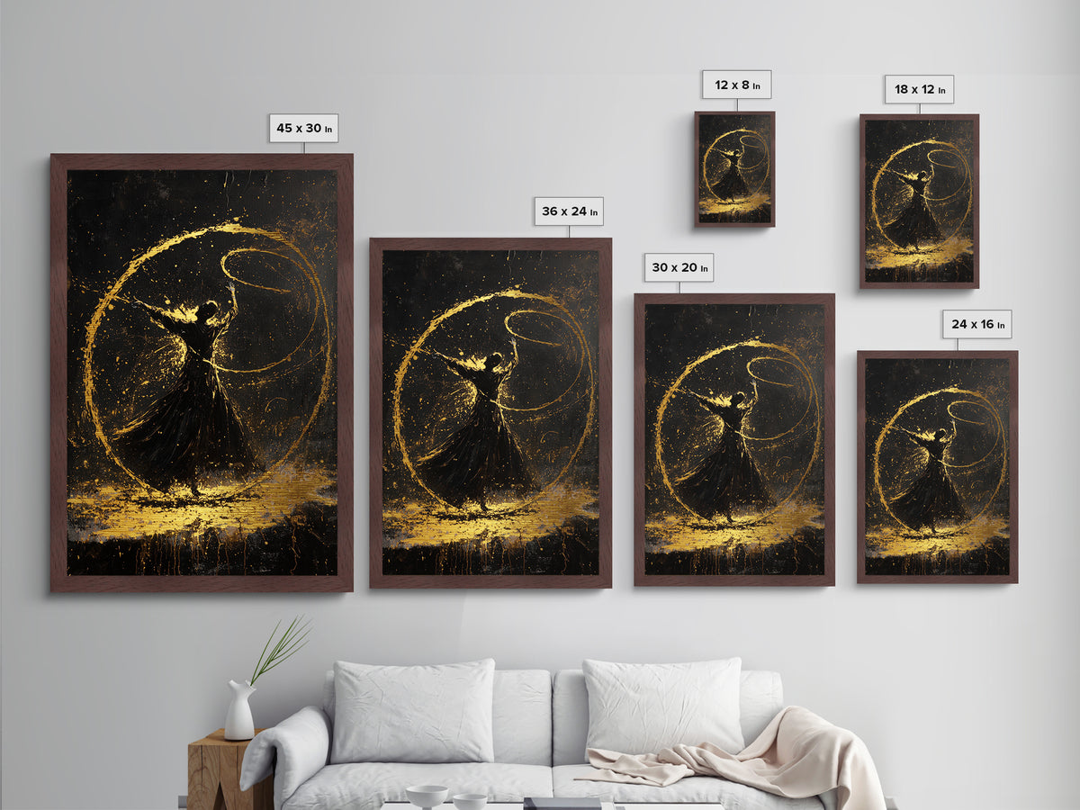 Witchy Dance Circle Halloween Painting, Metallic Gold Art Metal Art Framed in Natural Wood, Spooky Magical Gothic Artwork