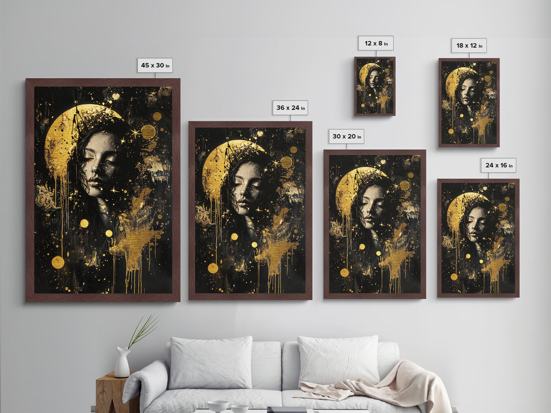 Moonlit Gothic Woman Halloween Portrait, Metal Art Metallic Gold Art in Real Wood Frame, Haunted Spooky Season Wall Decor