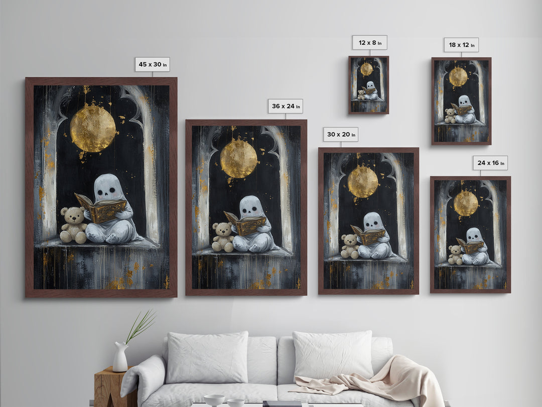 Cute Ghost Reading Book Halloween Print, Metallic Gold Art Metal Art with Wooden Frame, Spooky Nursery Haunted Wall Art