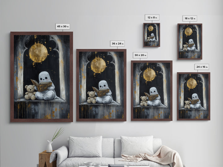 Cute Ghost Reading Book Halloween Print, Metallic Gold Art Metal Art with Wooden Frame, Spooky Nursery Haunted Wall Art