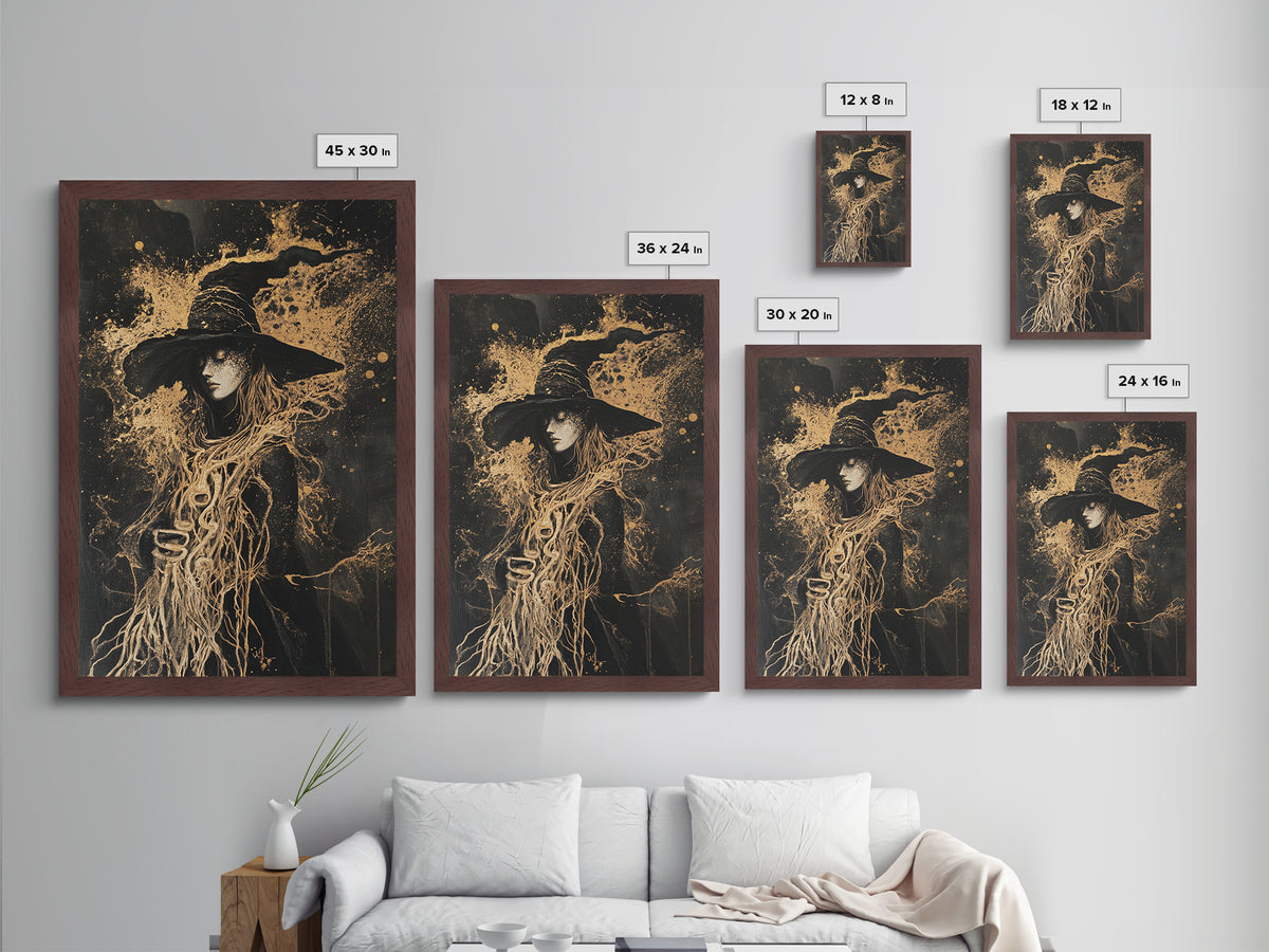 Witch with Serpent Roots Halloween Art, Metallic Gold Art Metal Art in Framed Wood, Gothic Spooky Season Haunted Decor