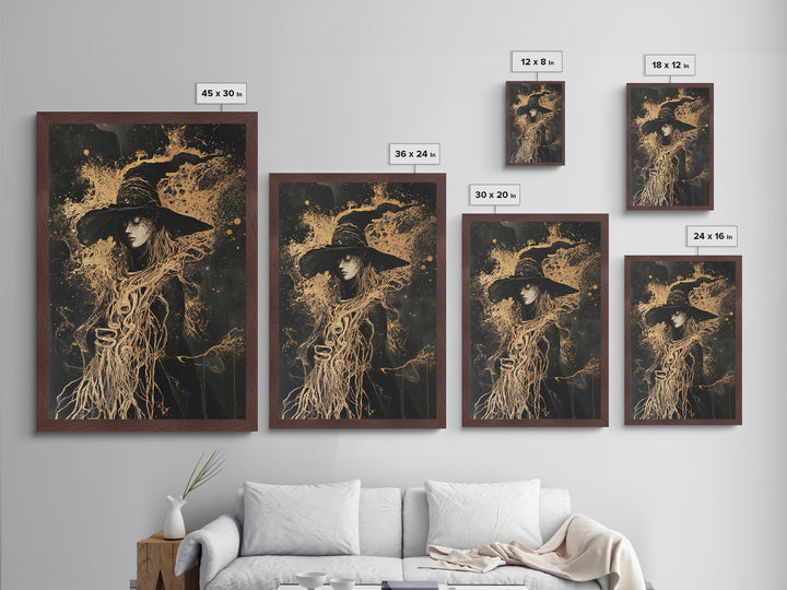 Witch with Serpent Roots Halloween Art, Metallic Gold Art Metal Art in Framed Wood, Gothic Spooky Season Haunted Decor
