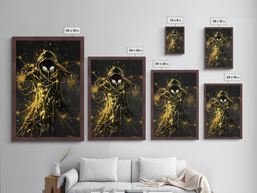 Hooded Reaper Halloween Wall Hanging, Metal Art Metallic Gold Art with Real Wood Frame, Creepy Spooky Haunted Gothic Print