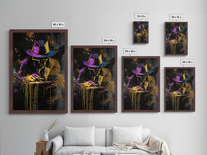 Neon Noir Detective Spooky Wall Art, Metallic Gold Art Metal Art Framed in Natural Wood, Halloween Gothic Cyberpunk Decor