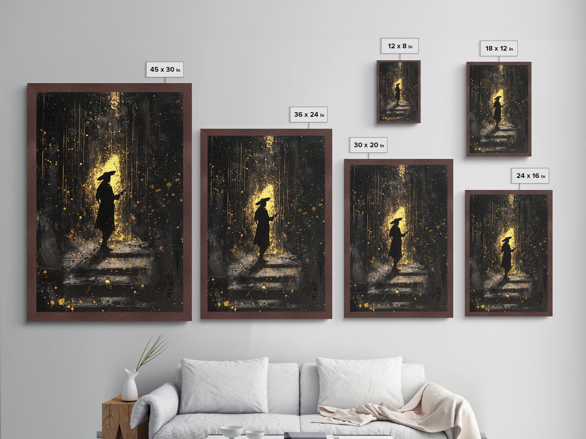 Haunted Silhouette on Stairs Metallic Gold Art Metal Art | Spooky Season Gothic Halloween Wall Artwork with Real Wood Frame