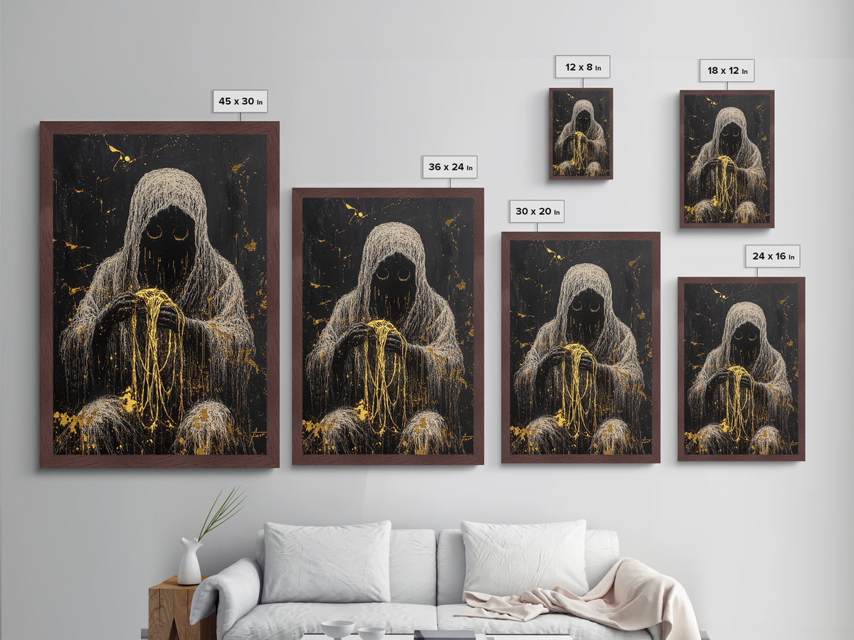 Creepy Hooded Figure with Threads Metallic Gold Art Metal Art | Haunted Gothic Halloween Wall Décor Framed in Solid Wood