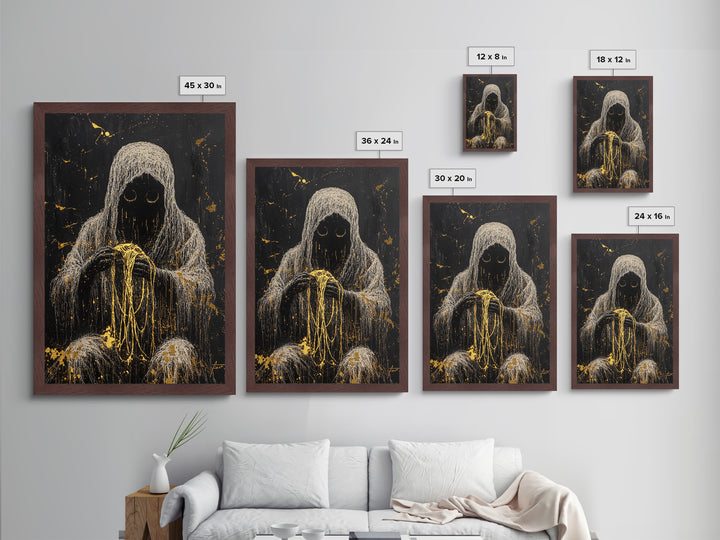 Creepy Hooded Figure with Threads Metallic Gold Art Metal Art | Haunted Gothic Halloween Wall Décor Framed in Solid Wood